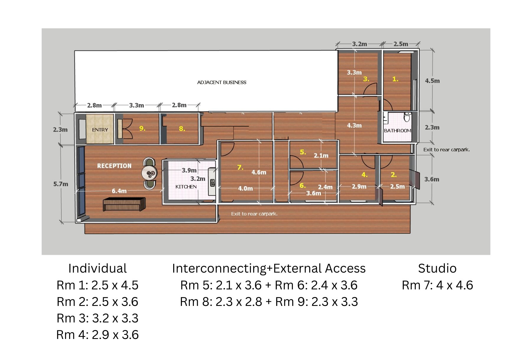 Rm 1: 2.5 x 4.5 Rm 2: 2.5 x 3.6 Rm 3: 3.2 x 3.3 Rm 4: 2.9 x 3.6 - 1